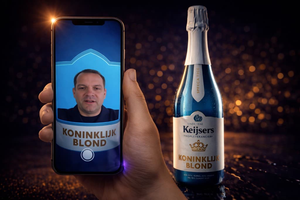 Keijsers jubilee bottle with Koninklijk Blond and AR on screen