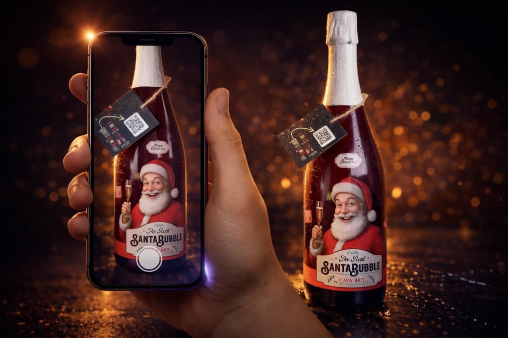 Santa Bubbels bottle with scan instructions and QR on neck tag