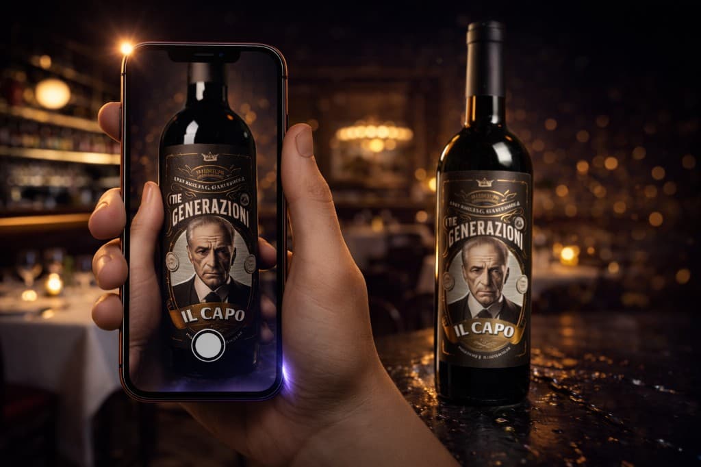 Tre Generazioni bottle with AR character Il Capo on phone