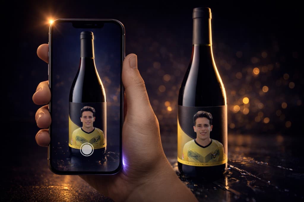 VVV-Venlo wine bottle with personalised label in camera view